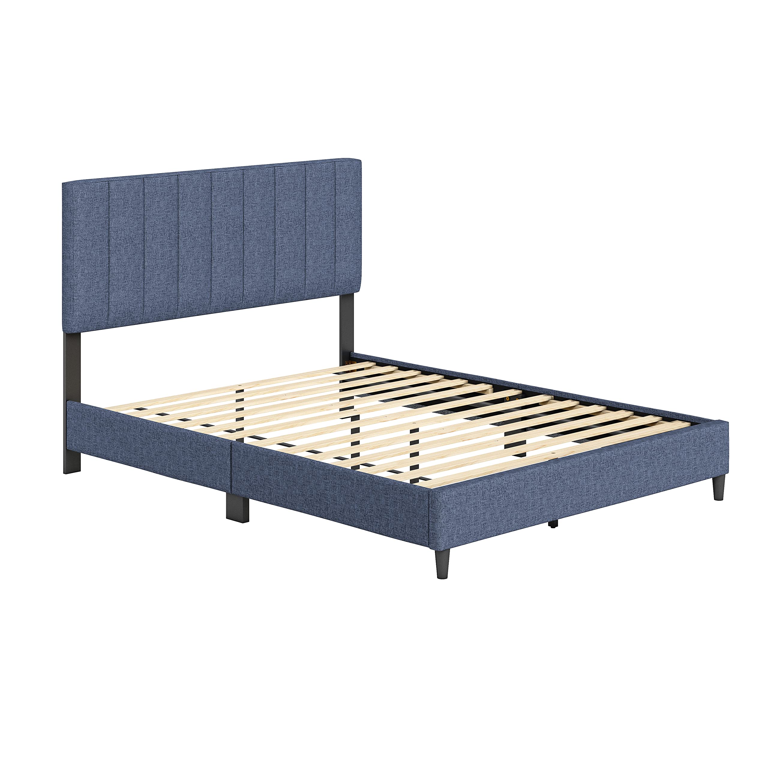 Boyd Sleep Leah Upholstered Vertical Tufted Platform Bed Frame Mattress Foundation With Headboard And Strong Wood Slat Supports: Linen, Blue, Queen (Lhbu970Qn)